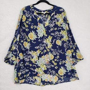 Marina Luna Blouse Womens 2X Blue Floral Print Lightweight Top 3/4 Sleeve Rayon